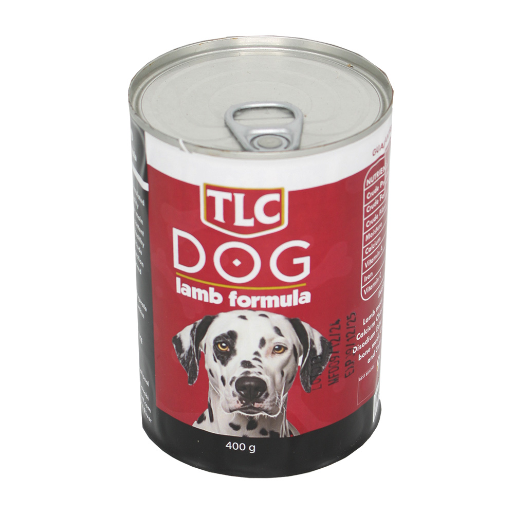 TLC canned formula beef – lamb flavour wet dog food with tender meat chunks in gravy.